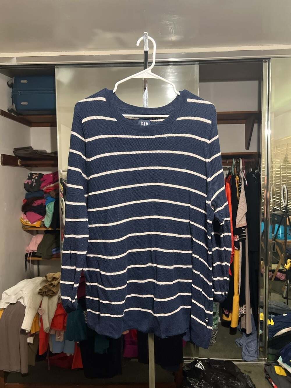 Gap Women's Navy and White Striped Seedstitch Crewneck Long Sleeve Sweater XXL